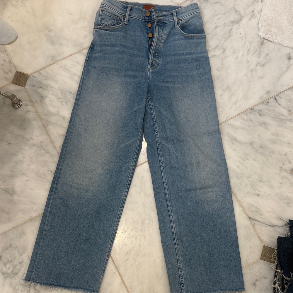 MOTHER Classic Denim Wide Leg Jeans - High Waisted Spinner Ankle Fray